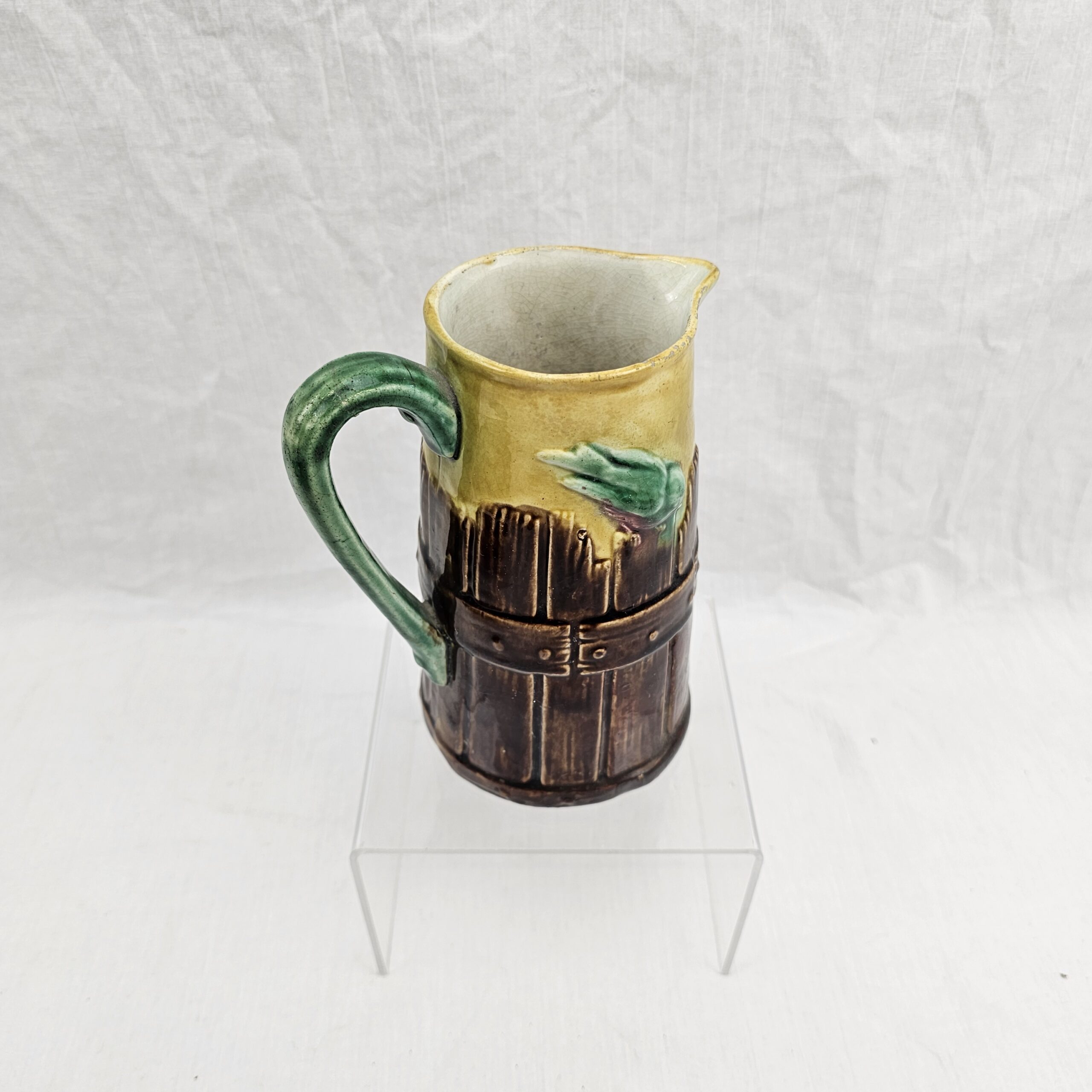 Victorian Majolica 'Bird on a Bucket' Jug - Rustic Barrel Stave Design with Perching Songbird, c.1880 - Image 3