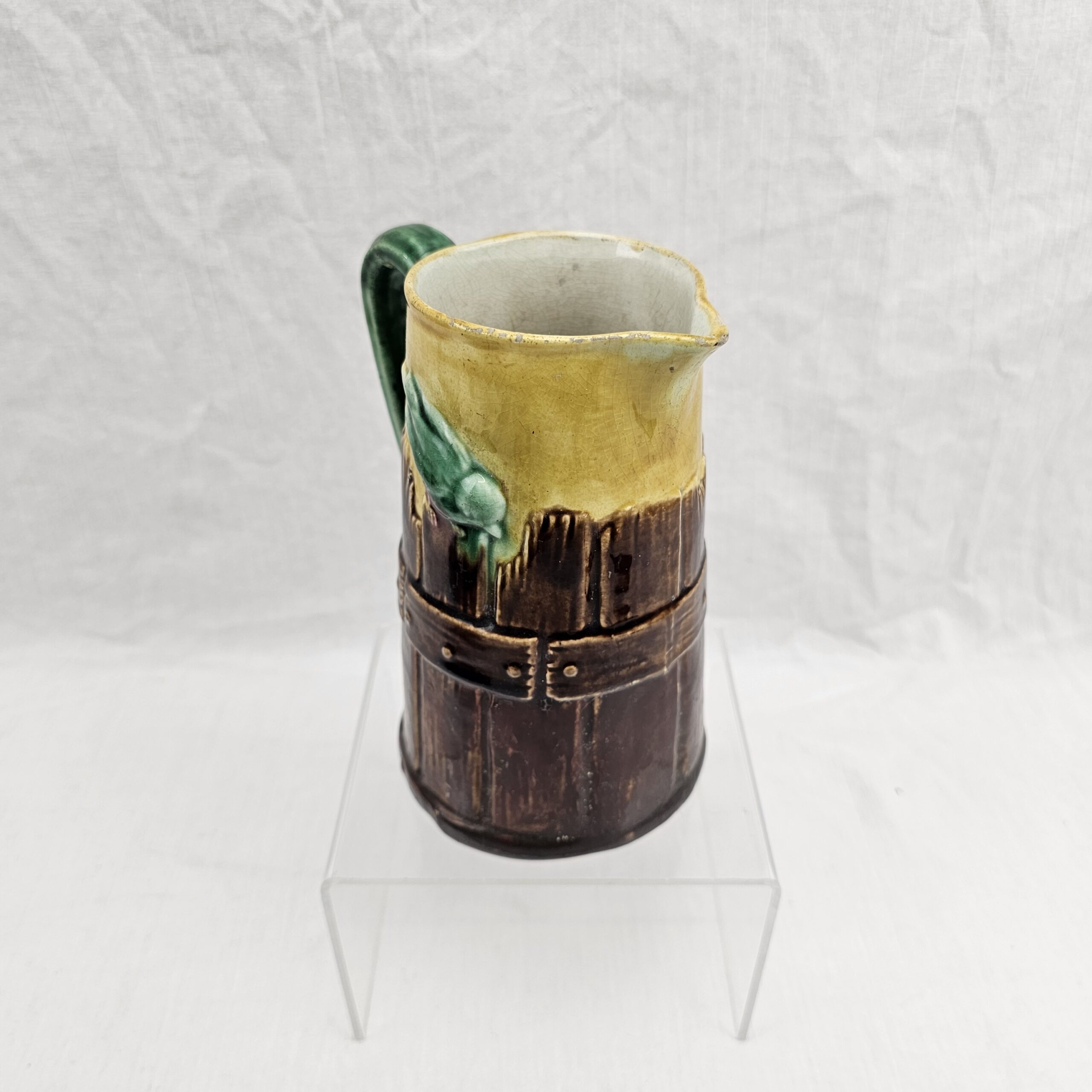 Victorian Majolica 'Bird on a Bucket' Jug - Rustic Barrel Stave Design with Perching Songbird, c.1880 - Image 4