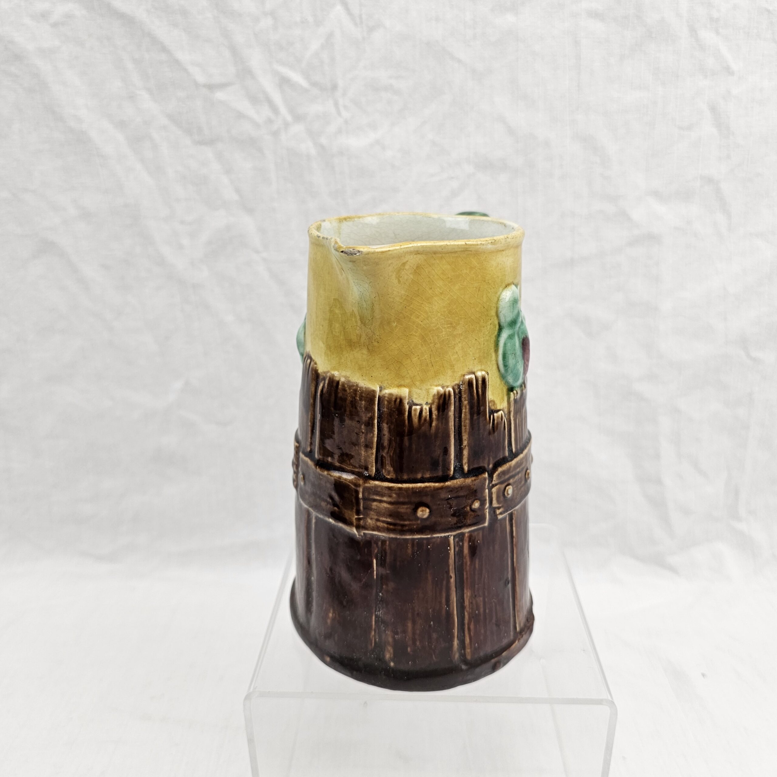 Victorian Majolica 'Bird on a Bucket' Jug - Rustic Barrel Stave Design with Perching Songbird, c.1880 - Image 5