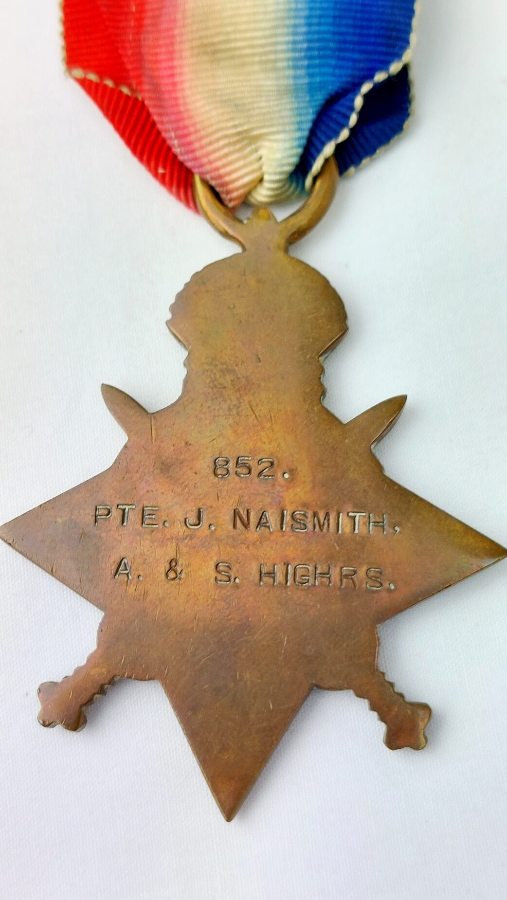British, WW1, Named 1914–15 Star Trio Medal Group to 852 Pte James Naismith, Argyll & Sutherland Highlanders – Wounded Soldier – Ribbon Bar & Case - Image 7