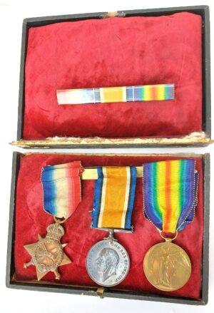 British, WW1, Named 1914–15 Star Trio Medal Group to 852 Pte James Naismith, Argyll & Sutherland Highlanders – Wounded Soldier – Ribbon Bar & Case