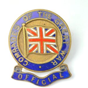 British, WW1–Early Interwar, Comrades of the Great War “Official” Enamel Lapel Badge with Scroll – J.R. Gaunt London – Early Number 1195
