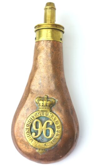 British, Victorian c.1850–1881, Copper & Brass Black Powder Flask with Applied 96th Regiment of Foot Badge