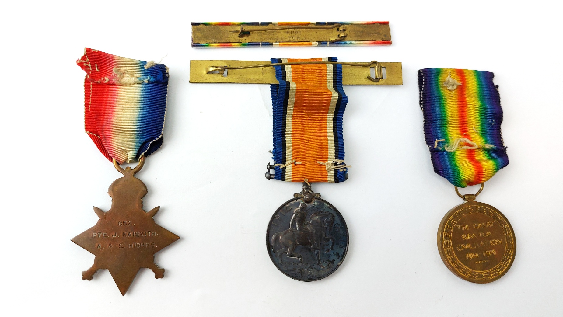 British, WW1, Named 1914–15 Star Trio Medal Group to 852 Pte James Naismith, Argyll & Sutherland Highlanders – Wounded Soldier – Ribbon Bar & Case - Image 3