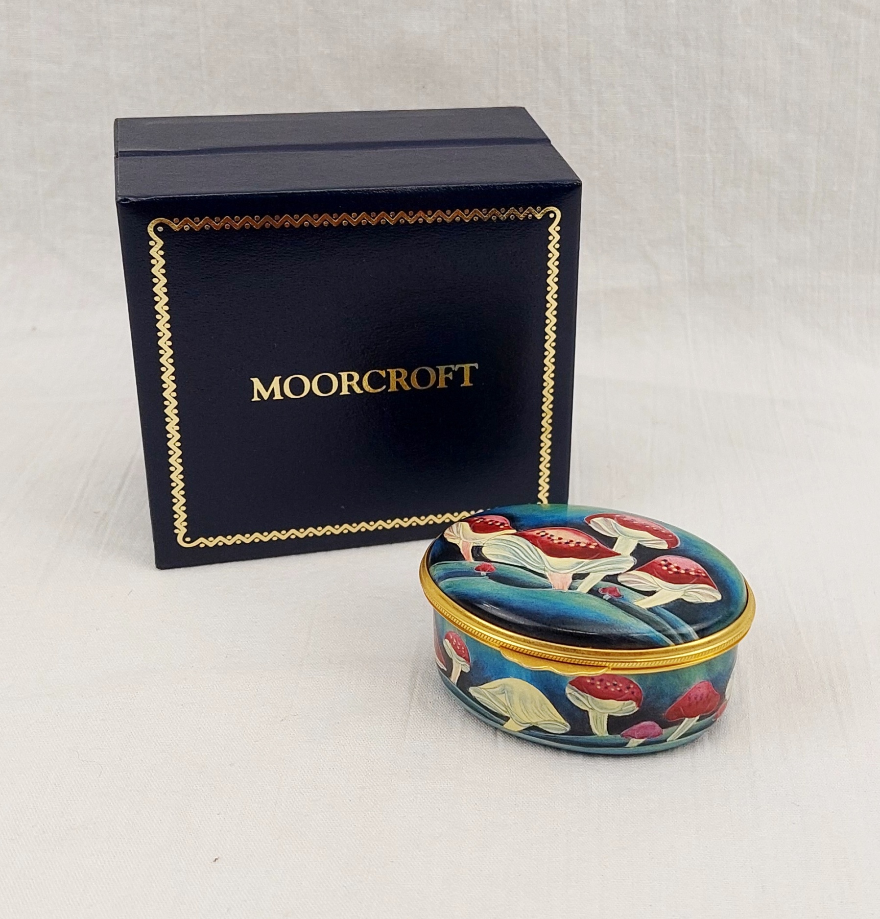 Boxed Moorcroft Claremont Mushroom Pattern Enamel Trinket Box