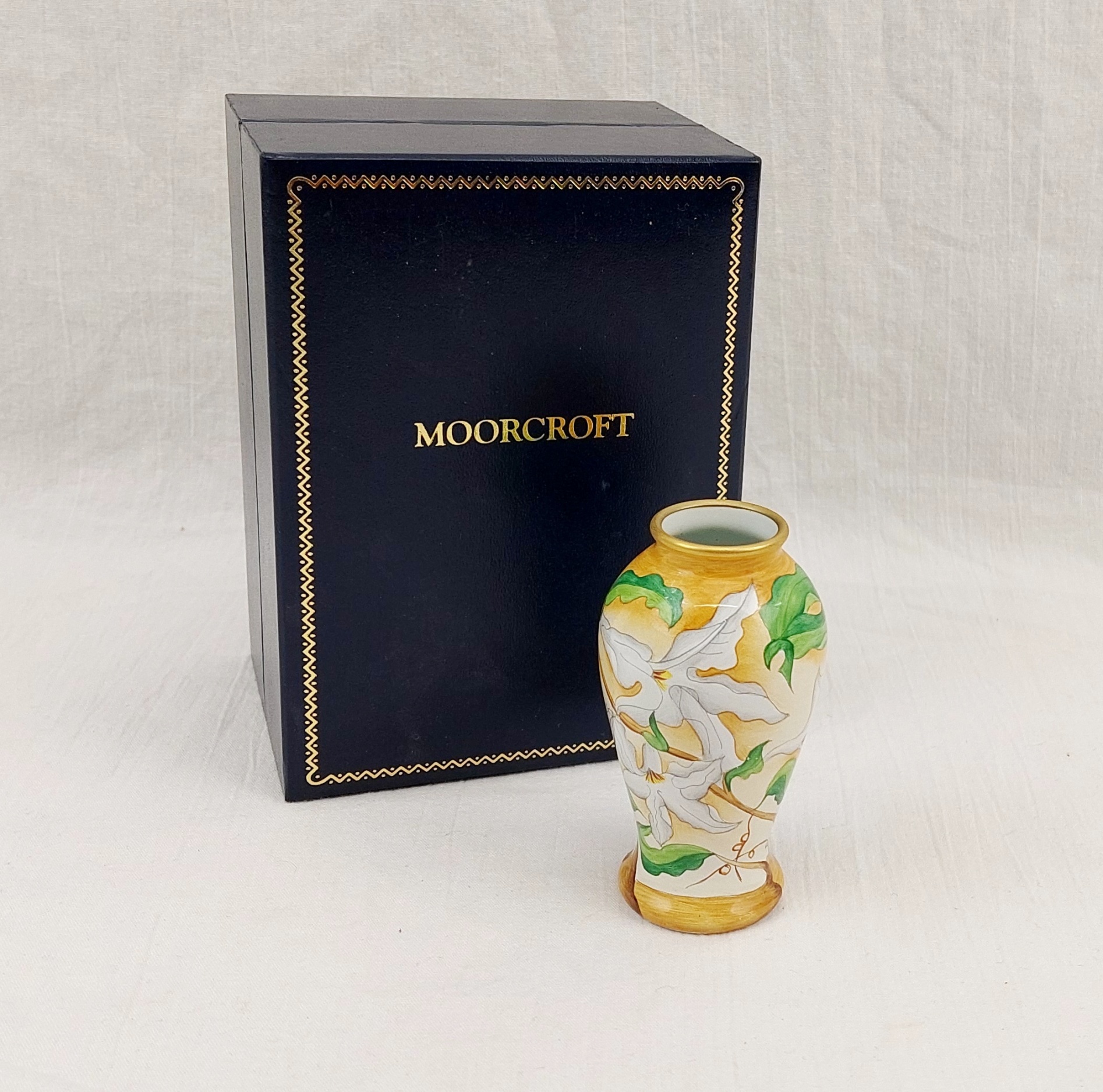 Boxed Moorcroft Narcissus Pattern Enamel Vase