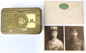 British, WW1 - 1914, Princess Mary Christmas Gift Fund Brass Tin with Scarce Royal Portrait Message Card by W. & D. Downey & Envelope