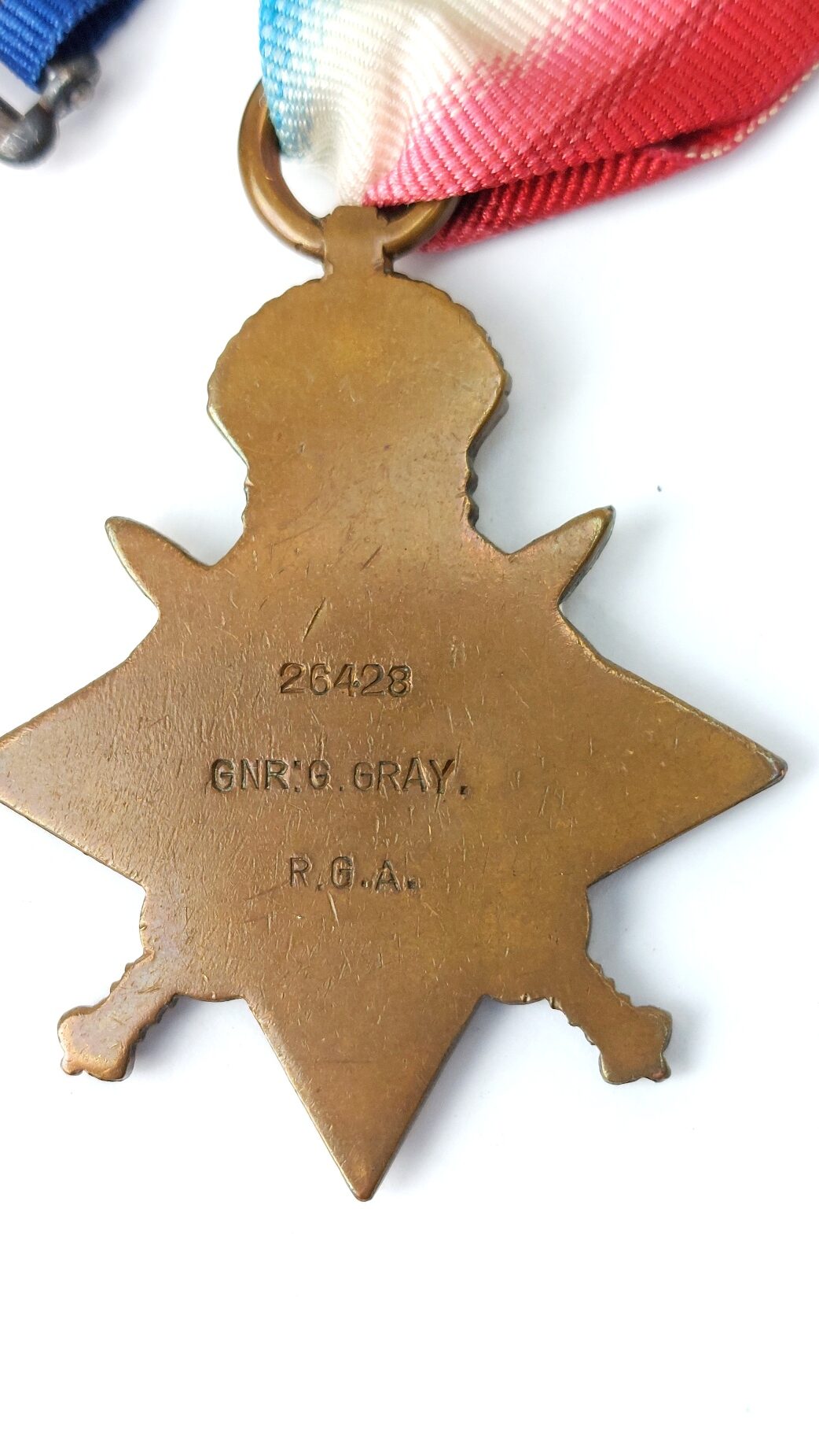 British, WW1, Medal Trio - 1914 Star with 5th Aug–22nd Nov Clasp & Rosette, Named to 26428 Gunner George Gray, Royal Garrison Artillery – Old Contemptible, India Service & Qualified Artillery Saddler - Image 5