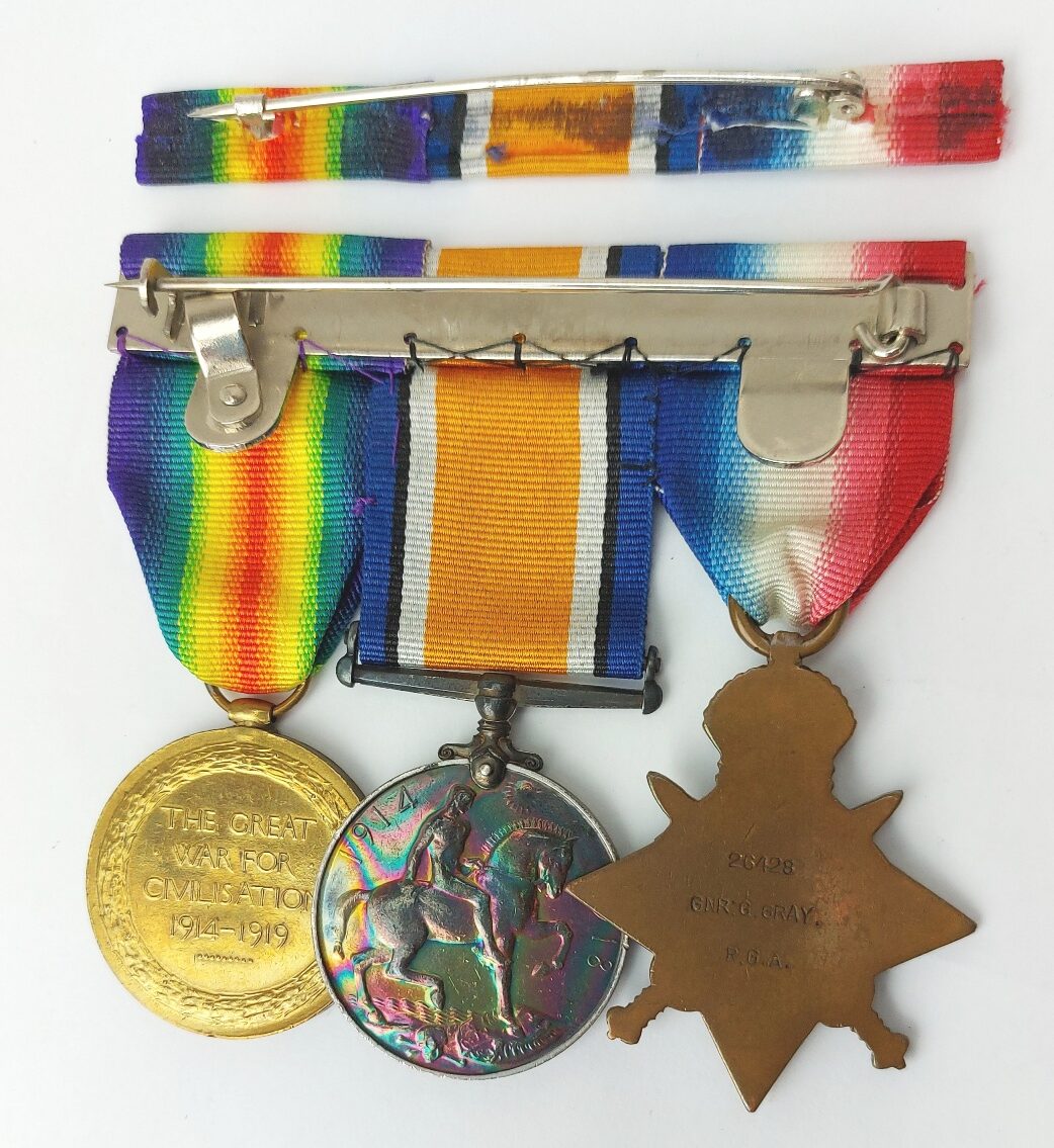 British, WW1, Medal Trio - 1914 Star with 5th Aug–22nd Nov Clasp & Rosette, Named to 26428 Gunner George Gray, Royal Garrison Artillery – Old Contemptible, India Service & Qualified Artillery Saddler - Image 2