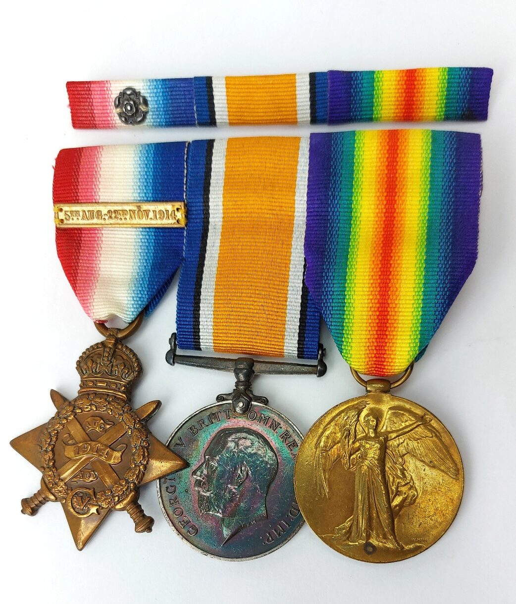 British, WW1, Medal Trio - 1914 Star with 5th Aug–22nd Nov Clasp & Rosette, Named to 26428 Gunner George Gray, Royal Garrison Artillery – Old Contemptible, India Service & Qualified Artillery Saddler