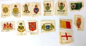 British, c.1908–1915, B.D.V. Cigarettes Silk Collection – 14 Vintage Silk Inserts – Military Regiments, City Arms, Flags, Tartan & Decorative Subjects