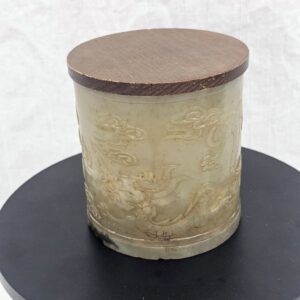 Chinese Celadon Nephrite Jade Brush Pot Carved with Dragon in Clouds, Ming to Early Qing Dynasty, 16th to 17th Century