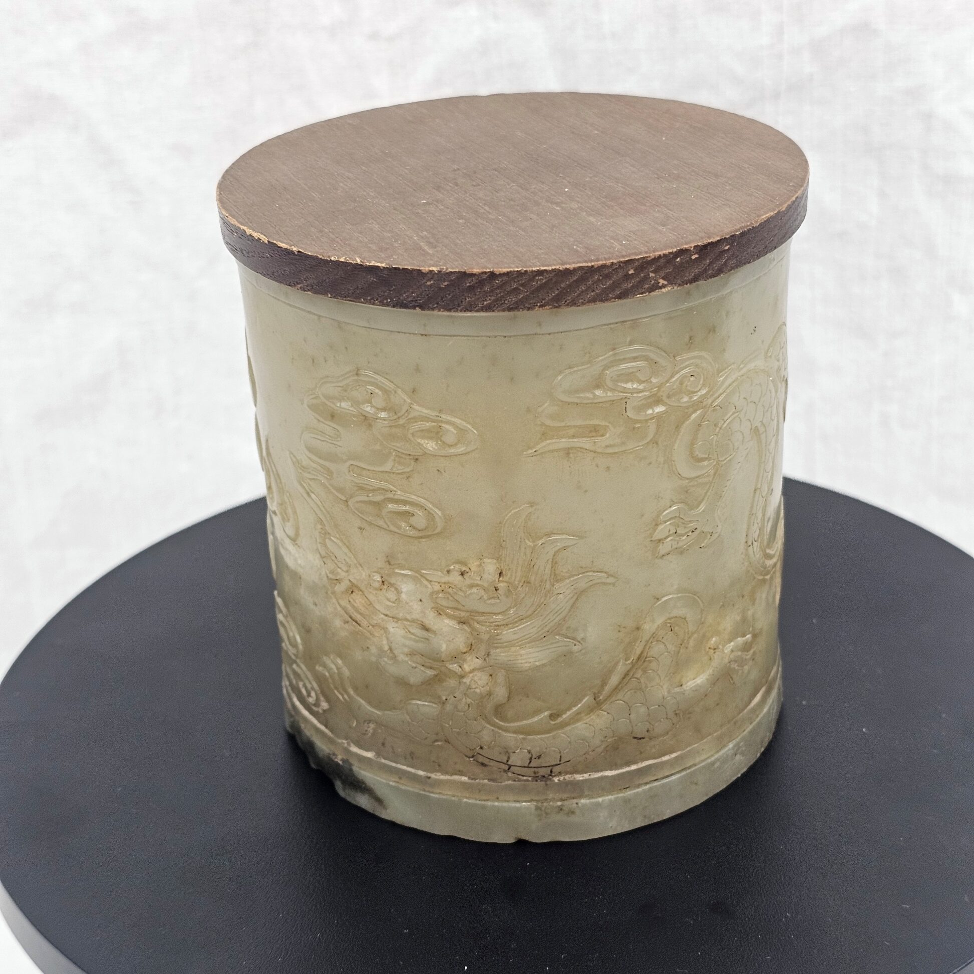 Chinese Celadon Nephrite Jade Brush Pot Carved with Dragon in Clouds, Ming to Early Qing Dynasty, 16th to 17th Century
