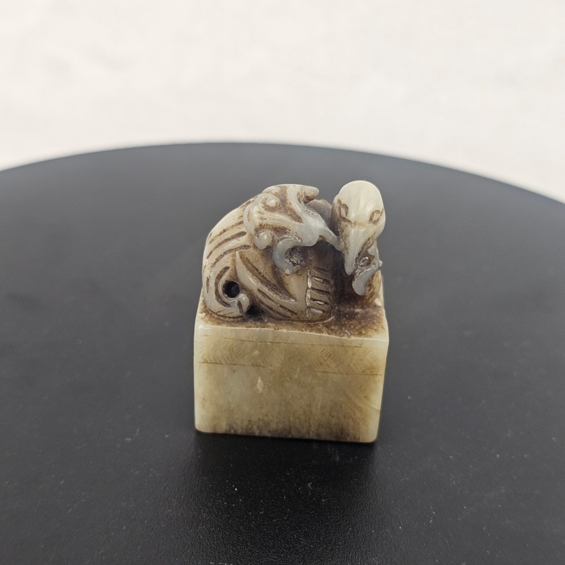 Chinese Qing Dynasty Celadon Jade Seal with Cormorant and Lingzhi Finial, 19th Century