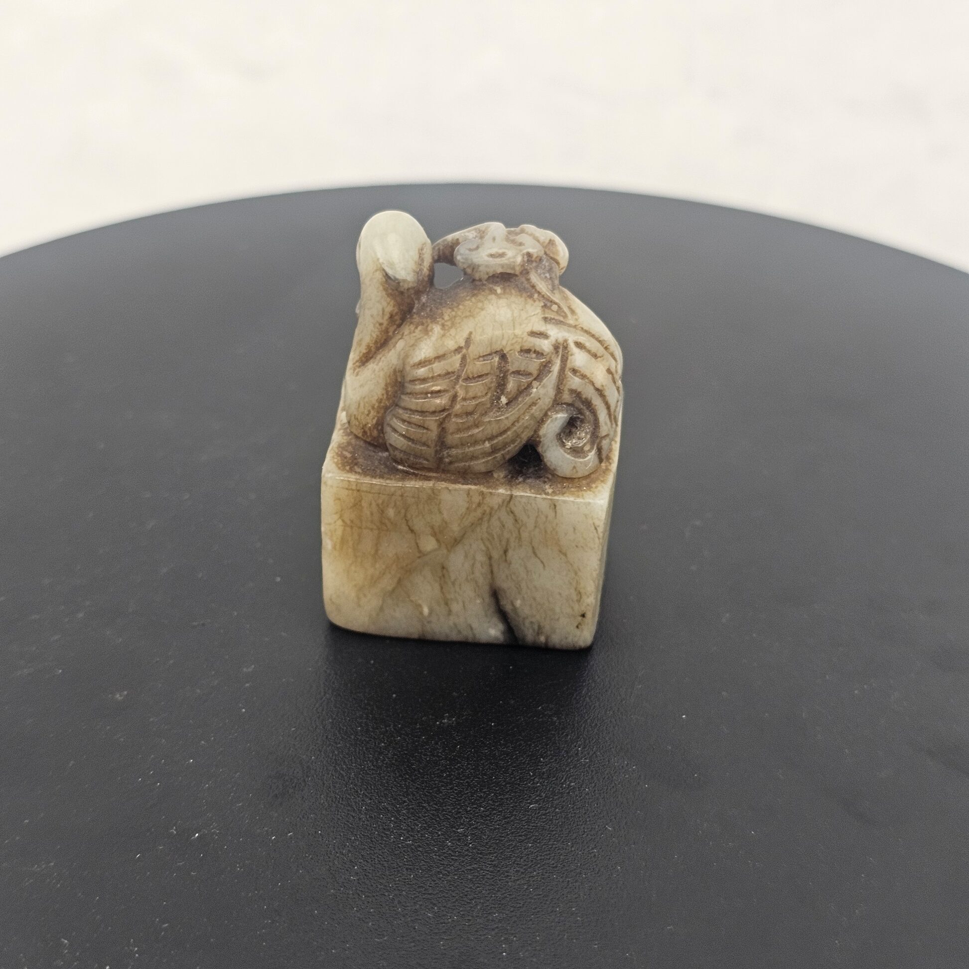 Chinese Qing Dynasty Celadon Jade Seal with Cormorant and Lingzhi Finial, 19th Century - Image 3