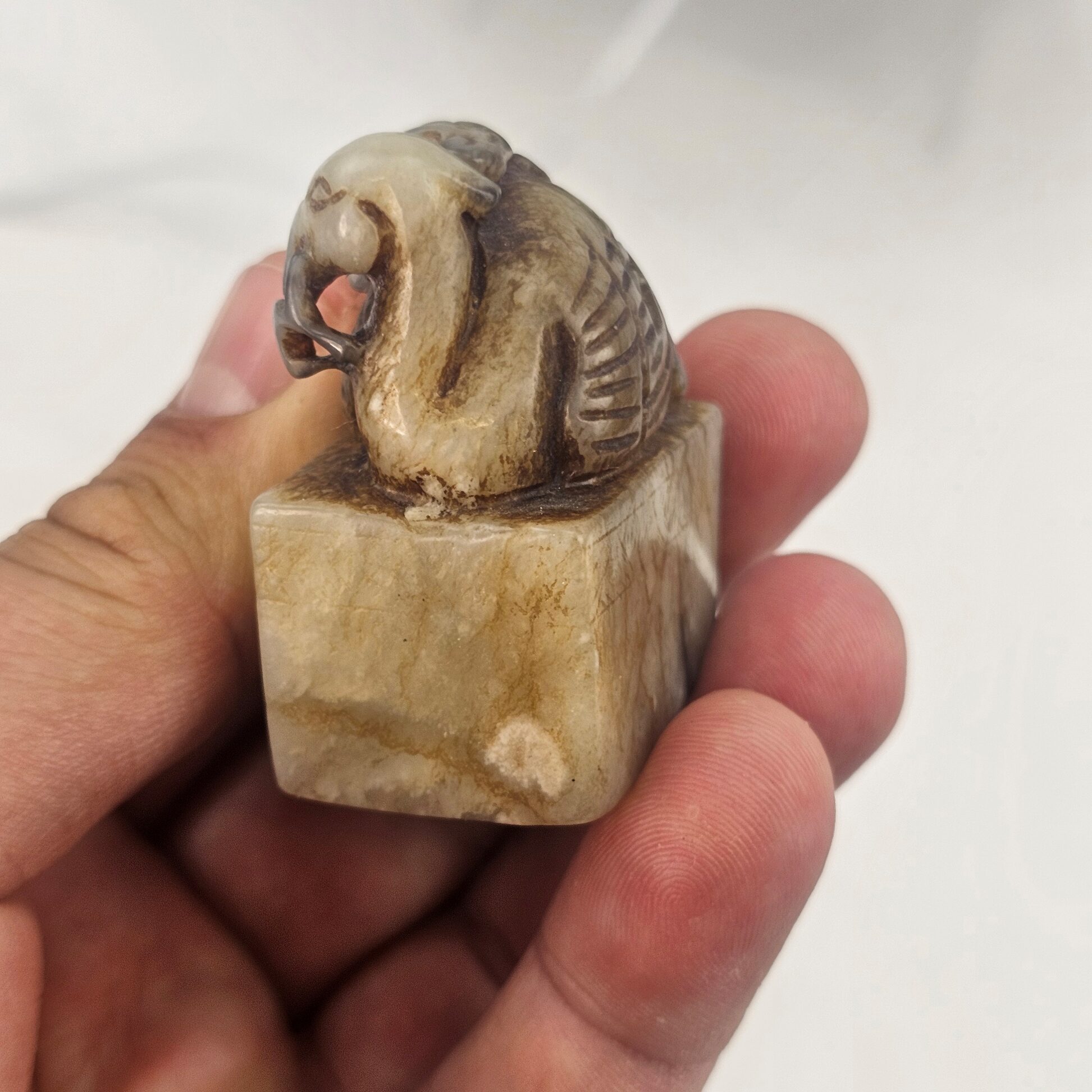 Chinese Qing Dynasty Celadon Jade Seal with Cormorant and Lingzhi Finial, 19th Century - Image 8