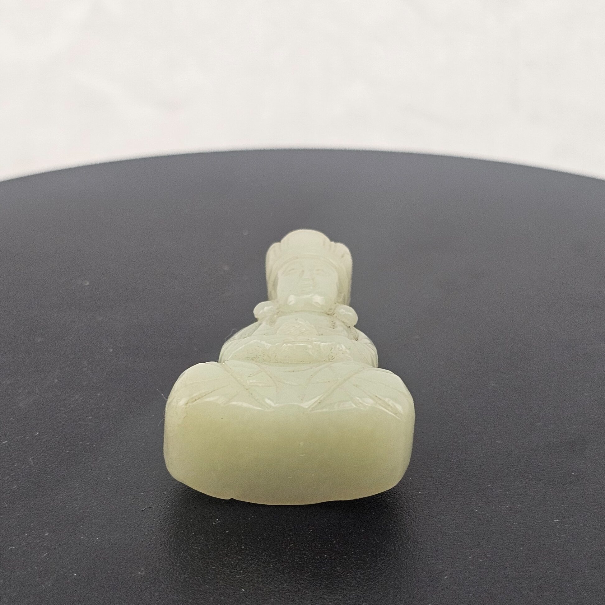 Chinese Qing Dynasty Pale Celadon Nephrite Jade Seated Crowned Deity Figure, 19th Century - Image 8