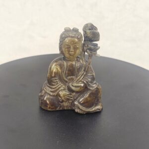 Chinese Dark Nephrite Jade Figure of Guanyin with Lotus, Qing Dynasty or Earlier, 17th to 19th Century