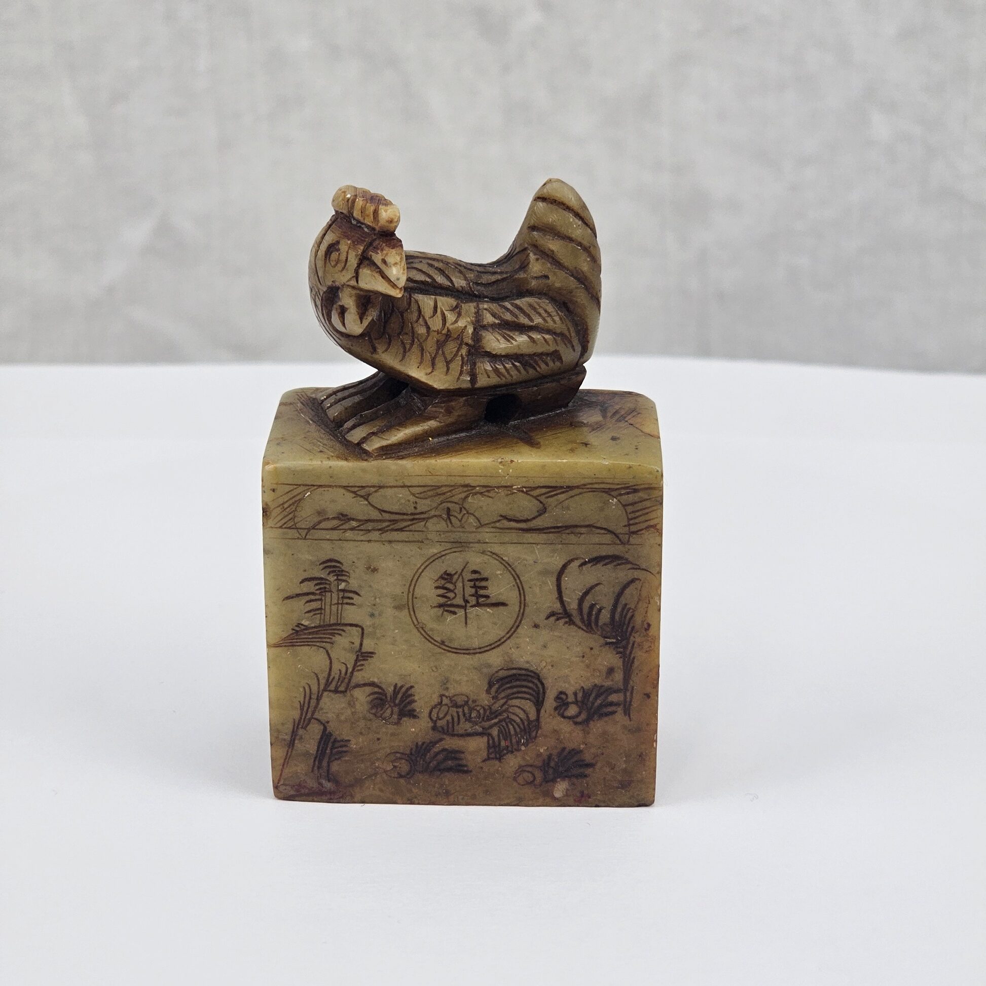 Chinese Steatite Seal Stone, Year of the Rooster Zodiac Theme with Cockerel Finial, Qing Dynasty, 19th–Early 20th Century