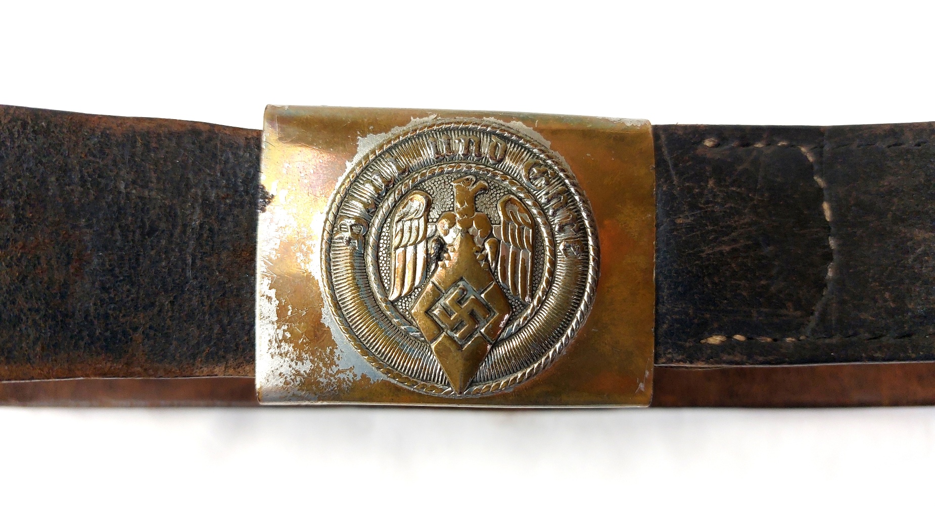 German, WW2 - 1944 Dated, Third Reich Hitler Youth Belt & Buckle with Applied Wehrmacht Officer’s Cap Cockade – RZM M4/44