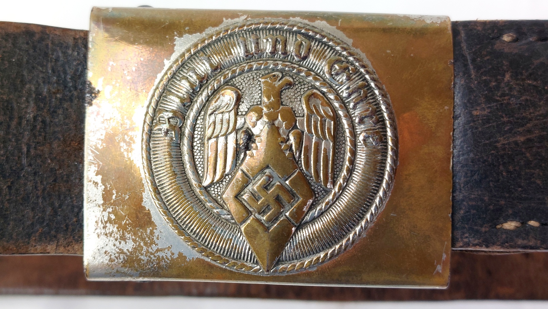 German, WW2 - 1944 Dated, Third Reich Hitler Youth Belt & Buckle with Applied Wehrmacht Officer’s Cap Cockade – RZM M4/44 - Image 5
