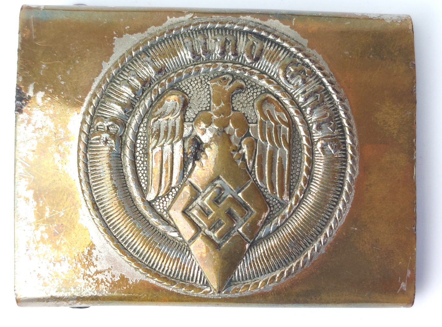 German, WW2 - 1944 Dated, Third Reich Hitler Youth Belt & Buckle with Applied Wehrmacht Officer’s Cap Cockade – RZM M4/44 - Image 8