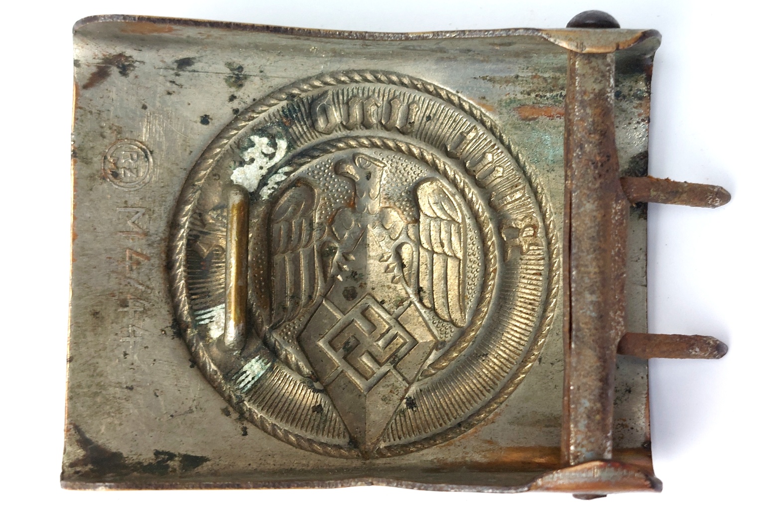 German, WW2 - 1944 Dated, Third Reich Hitler Youth Belt & Buckle with Applied Wehrmacht Officer’s Cap Cockade – RZM M4/44 - Image 9