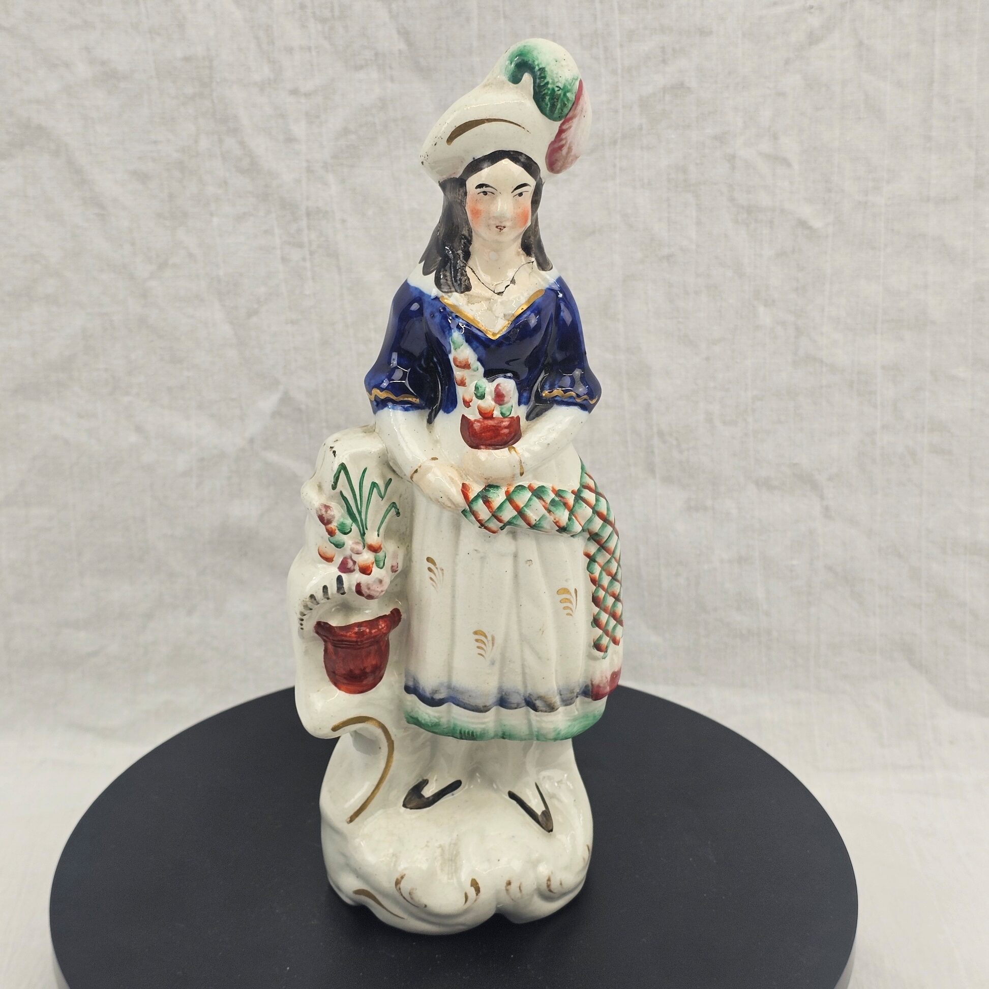 Antique Victorian Staffordshire Pottery Figure of a Girl with Flowers, c.1850–1870