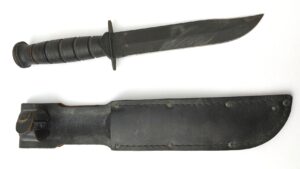US, Cold War Era - c. 1980s, Ontario Model 498 Marine Combat Knife, USMC Mark 2 “KA-BAR Pattern”, with Leather Scabbard (DOT Press Stud)