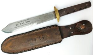 US, Early 20th Century, Ku Klux Klan Convention Bowie Knife, 1907 Bristol Tennessee, M.C. Lilley & Co., with Tooled KKK Leather Scabbard