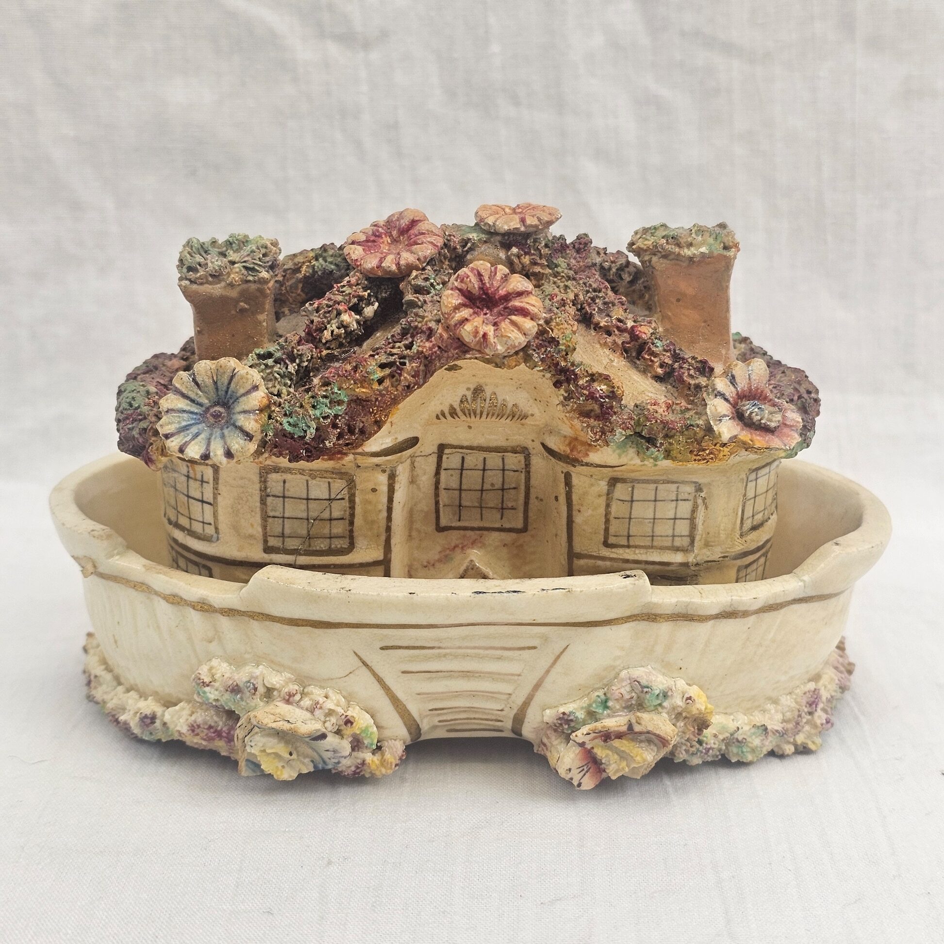 Early Victorian Staffordshire Pottery Cottage Pastille Burner on Oval Stand, c.1835–1855
