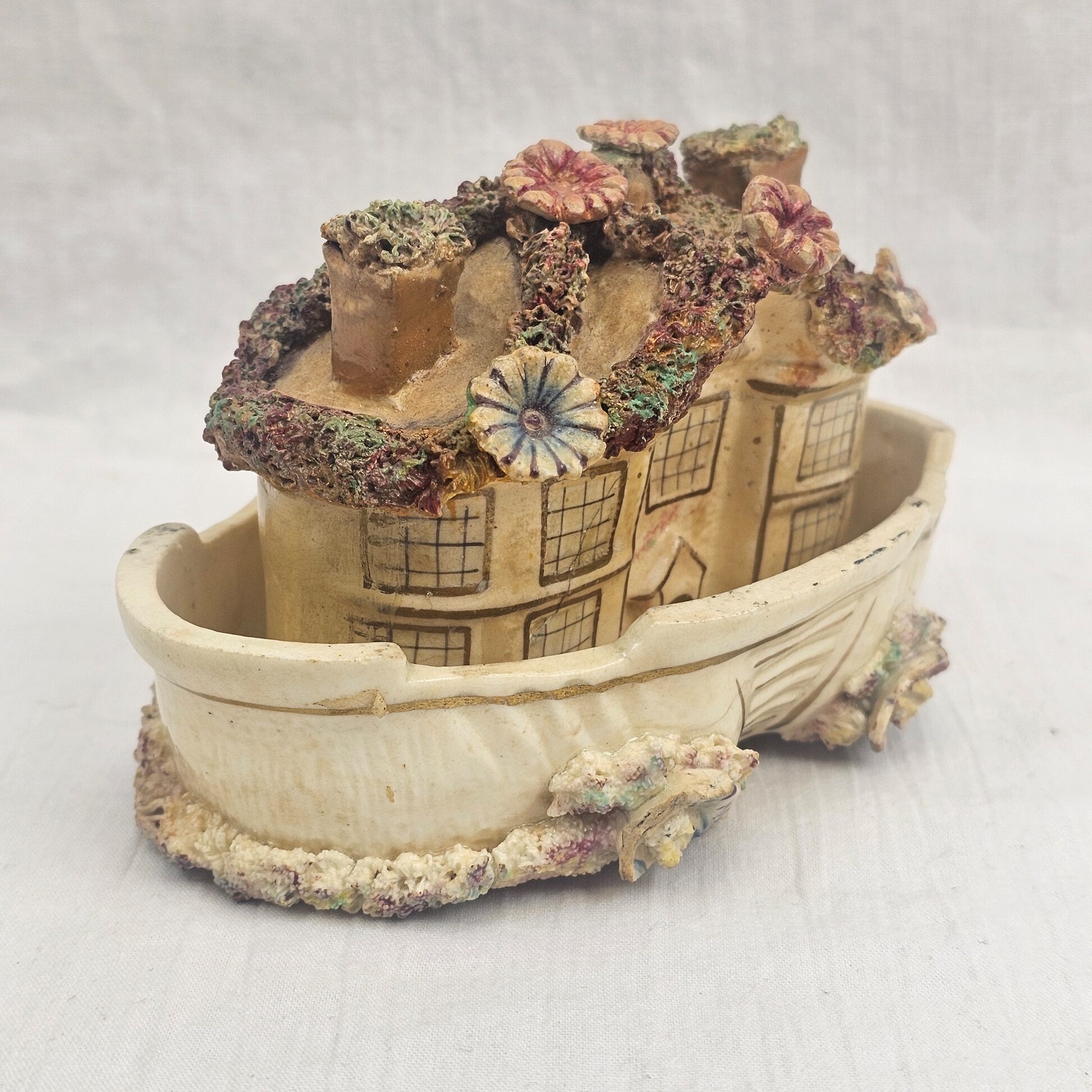 Early Victorian Staffordshire Pottery Cottage Pastille Burner on Oval Stand, c.1835–1855 - Image 7