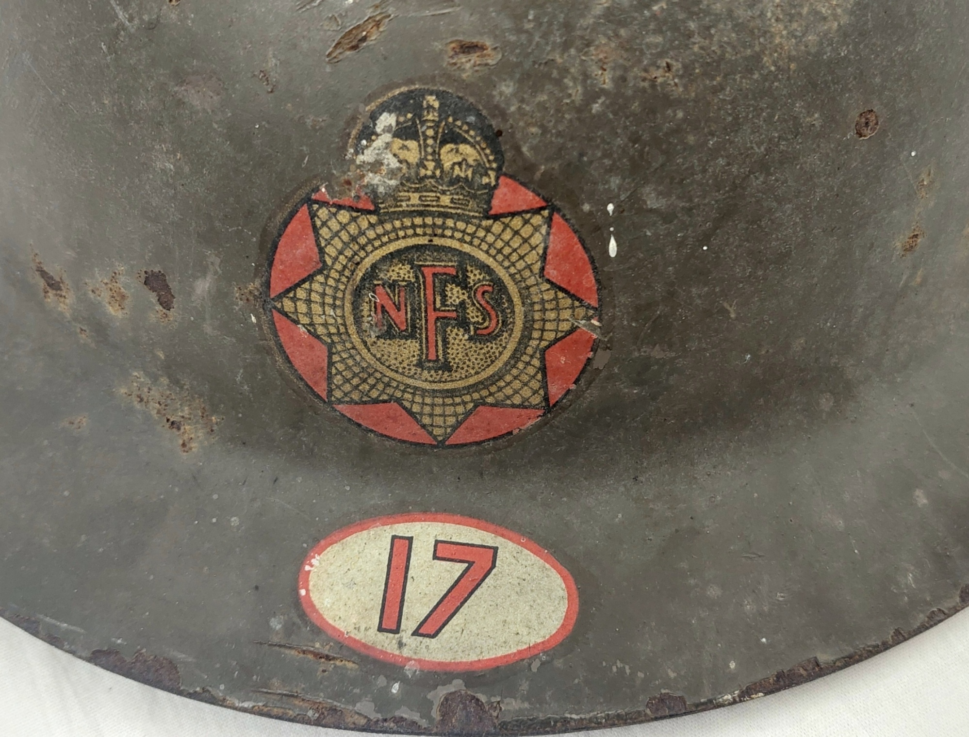 WW2 Bristol 17 National Fire Service Helmet With WW1 Raw Edge Brodie Shell - Image 6
