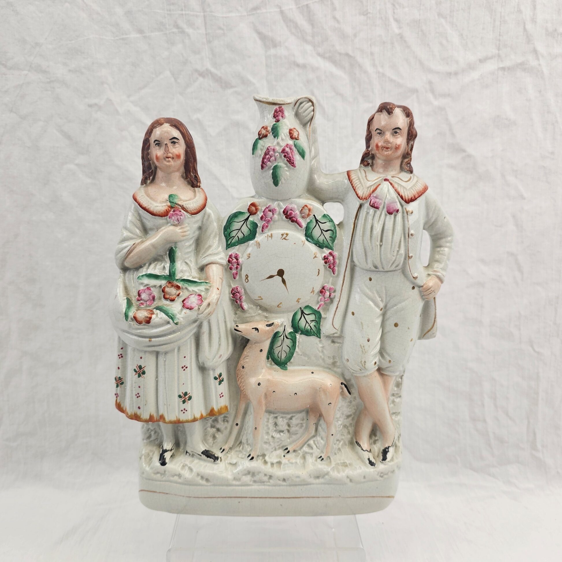 c1860 Staffordshire Flatback 'Clock' Figurine Group Of A Couple With A Fawn