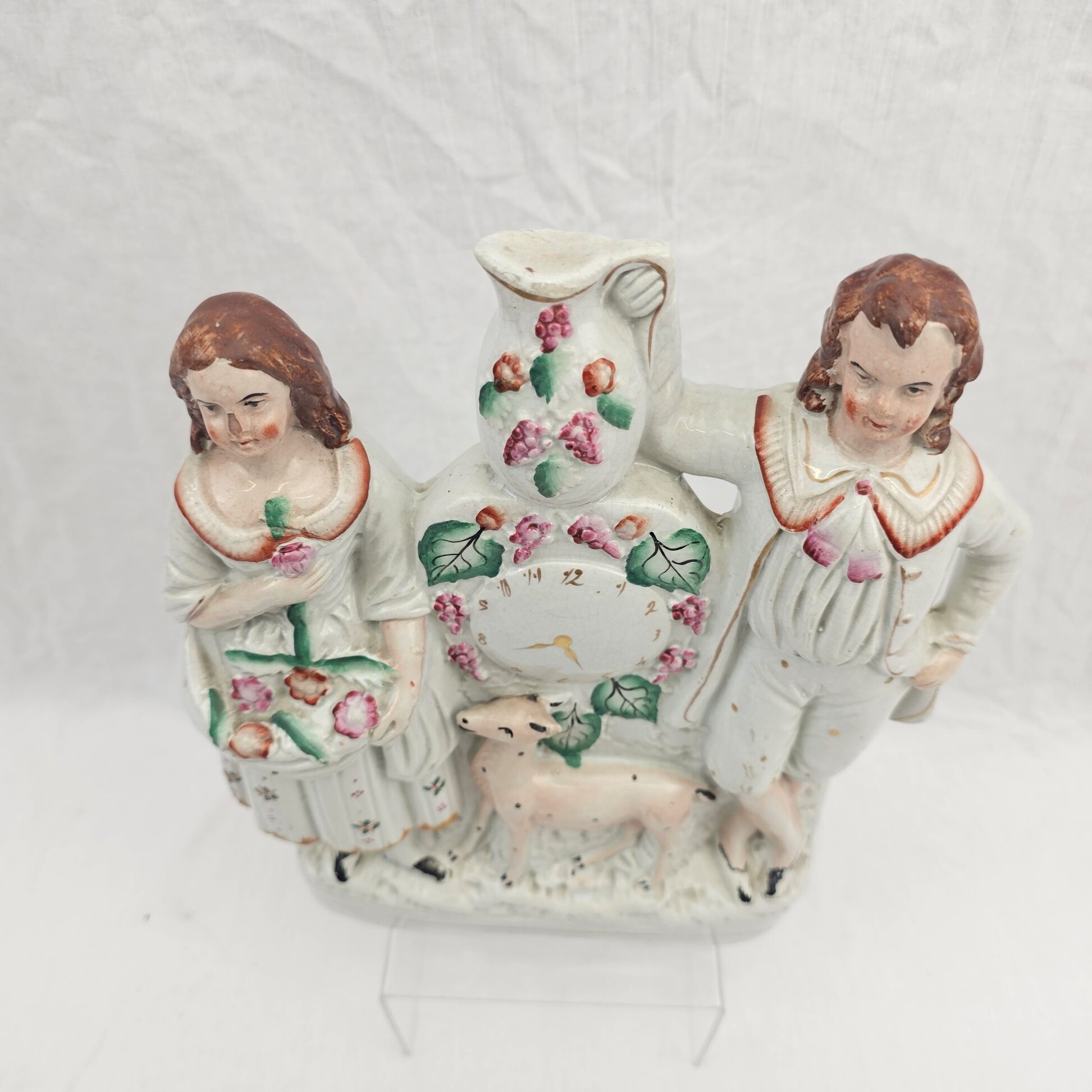 c1860 Staffordshire Flatback 'Clock' Figurine Group Of A Couple With A Fawn - Image 2