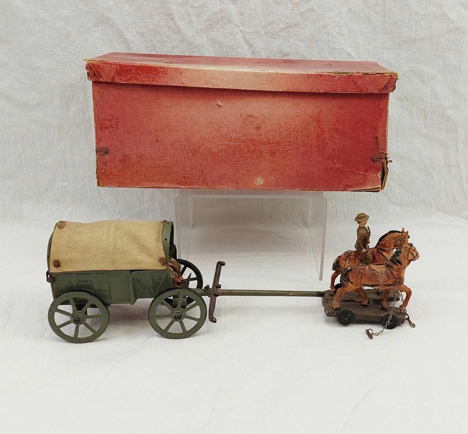 c1920 Boxed Elastolin Tinplate Field Wagon With British Crew And Horses