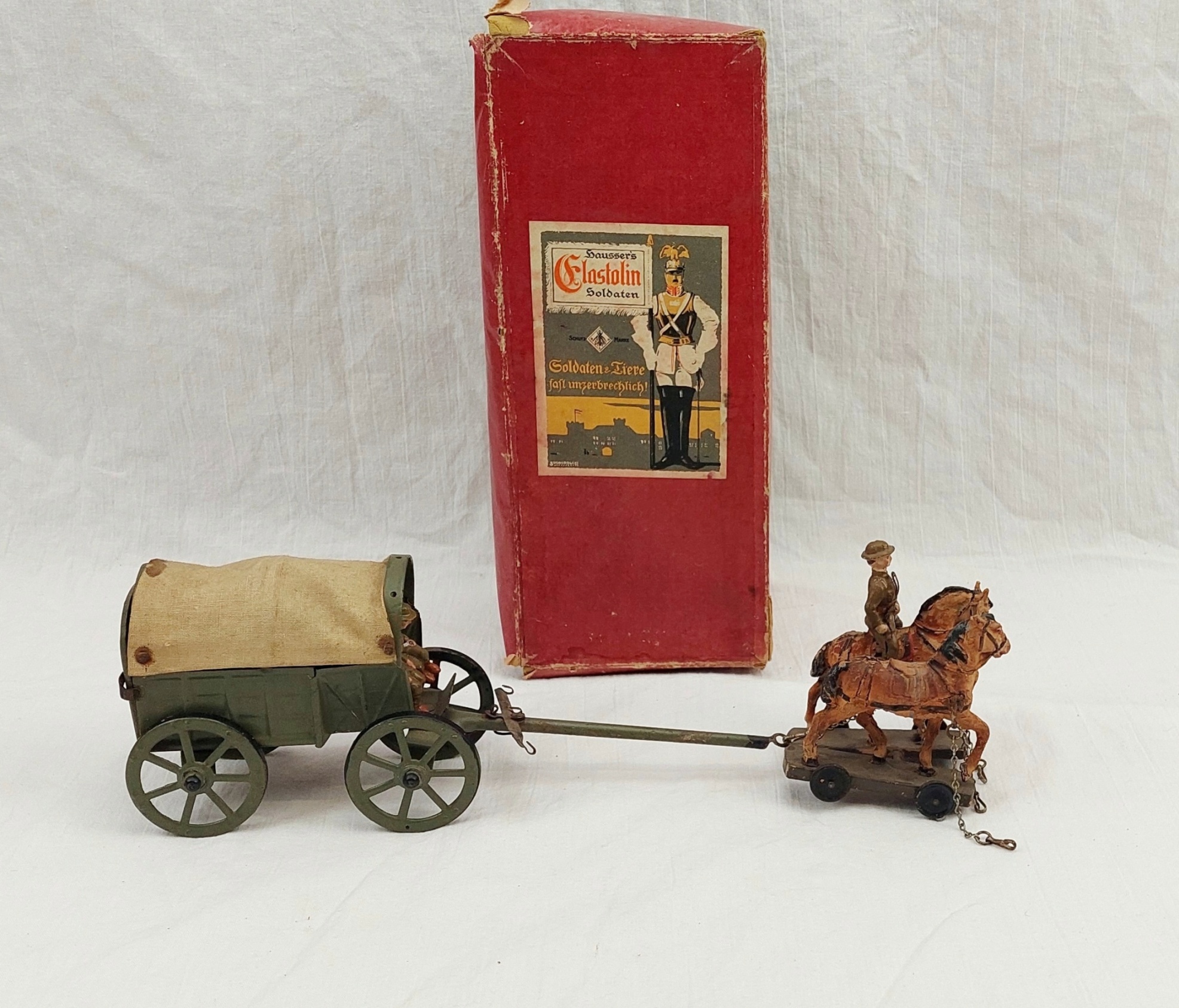 c1920 Boxed Elastolin Tinplate Field Wagon With British Crew And Horses - Image 4