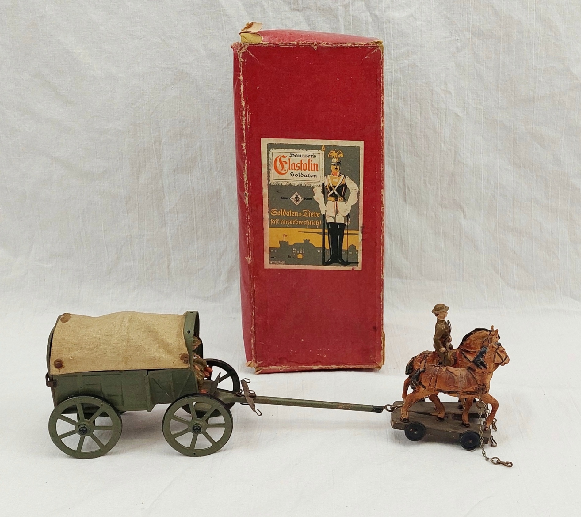 c1920 Boxed Elastolin Tinplate Field Wagon With British Crew And Horses - Image 3