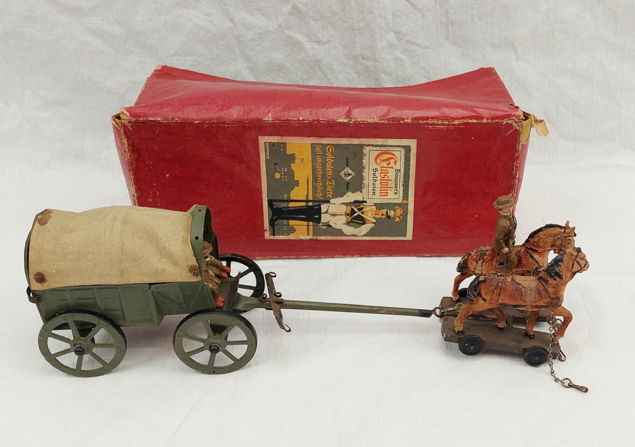 c1920 Boxed Elastolin Tinplate Field Wagon With British Crew And Horses - Image 2