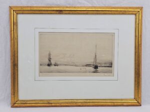 Harold Wyllie 1880-1973 Etching Of Moored Merchant Ships On The Medway