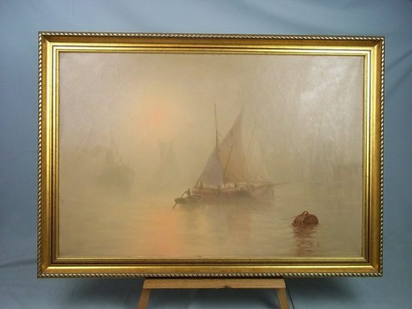 William L. Wyllie 1851-1931 Oil Painting Of 'Barges In The Mist At Sunset'